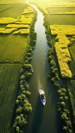Generative AI : Aerial view of solar panel boats navigating through the farmlands of Harlingen Friesland The Netherlandsの素材