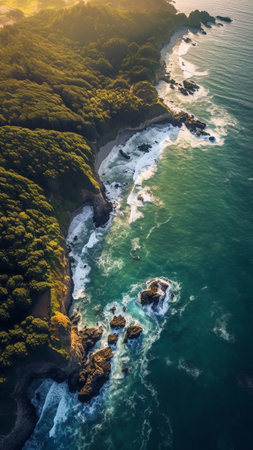 Generative AI : Aerial view of the coastline near the green mountains in a cloudy day Ocoa Azua Dominican Republicの素材