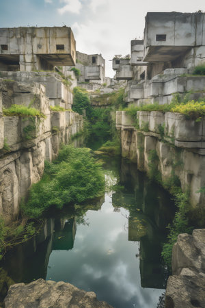 Generative AI : Aerial view of La Island in abandoned quarry near Carballido Lugo Galicia Spainの素材