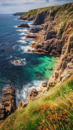 Generative AI : Aerial view of Porthcurno beach along the coastline with cliffs and The Minack Theatre at sunset Cornwall United Kingdomの素材