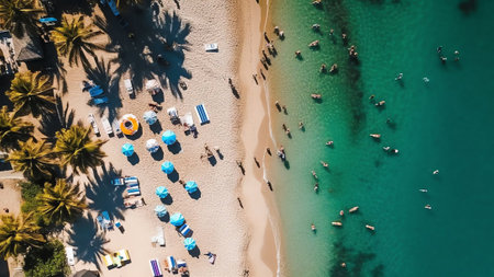 Generative AI : Aerial view of tourists and boat on the shore of the beach in Bol Croatiaの素材