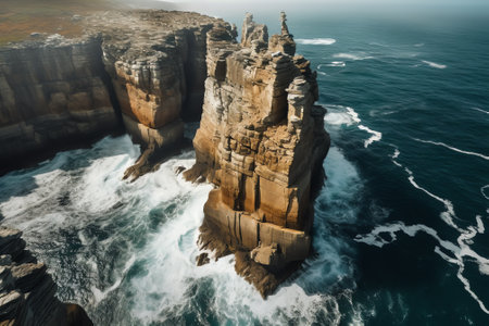Generative AI : Aerial view of crispy waves rolling over the rocky promontory near Cabo da Roca coastline Colares Lisbon Portugalの素材