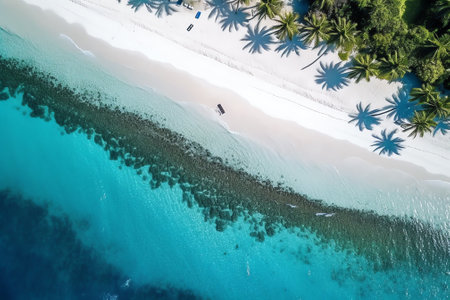 Generative AI : Panoramic aerial view of people on a desert island with white sand surrounded by the Indian Ocean Maldivesの素材