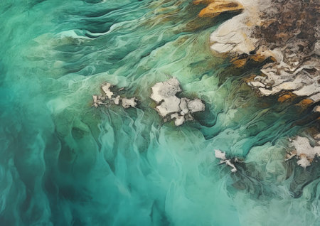 Generative AI : Aerial View of rocky iron shore coastline with calm crystal clear water the Bahamasの素材