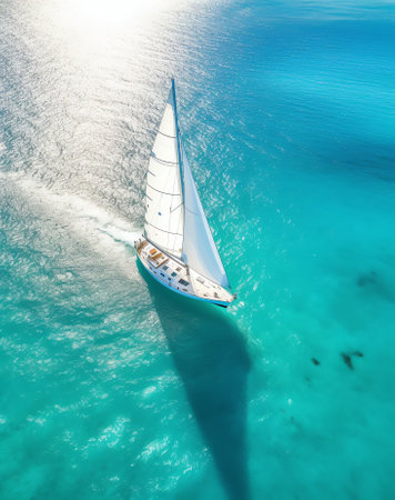 Generative AI : Aerial view of sailing yacht in mediterranean sea in Ibiza Europeの素材