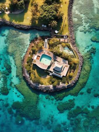 Generative AI : Aerial view of a small garden from a luxury resort in Pointe aux Canonniers Mauritiusの素材