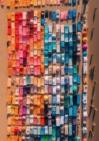 Generative AI : Aerial view of people working in an open air laundry with colourful fabric hanged to dry in Narayanganj Bangladeshの素材