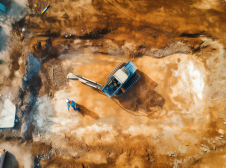 Generative AI : Aerial view of people working with a tractor on the beach along the shoreline in Coxs Bazar Bangladeshの素材
