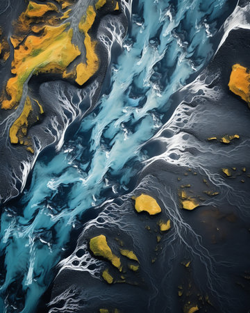 Generative AI : Aerial view of abstract water formation from a river estuary at Holtsos lake along the coast Icelandの素材