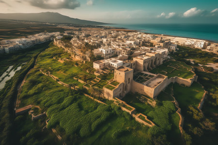 Generative AI : Aerial view of a small road following the beach in Vieste a small town along the coast in the Gargano Natural Park Foggia Puglia Italyの素材