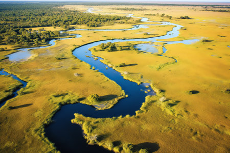 Generative AI : Aerial view of river canals resembling a tree and branches in a marshland part of the estuary of river Vouga in Ria de Aveiro Aveiro Portugalの素材