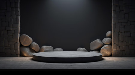 Generative AI : Dark abstract stone wall and studio roominterior texture for display productswall backgroundの素材