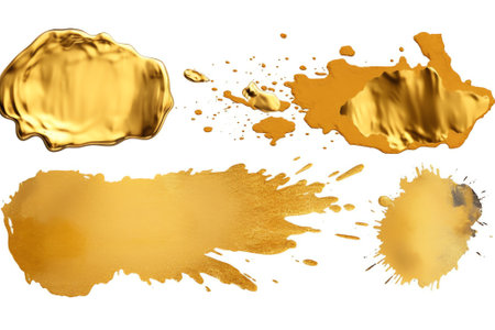 Generative AI : Golden paint Realistic gold brush smudges Yellow metallic smears on transparent background Isolated decorative glittering brushstrokes set Luxury horizontal shiny sの素材