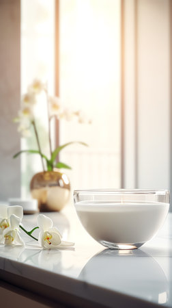 Generative AI : Cup of hot latte coffee on white marble dining table with flowers in vase near the window of modern home and morning light close upの素材