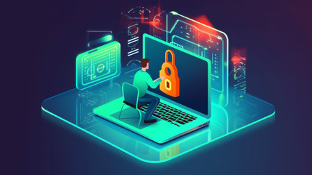Generative AI : Cyber security network Data protection privacy concept Business man protecting personal data information on laptop computer Padlock icon and internet technology netの素材