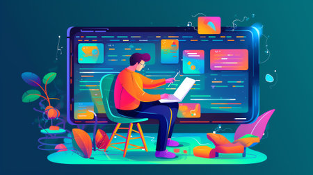 Generative AI : Digital software development IoT Internet of Things mobile apps design Global network technology concept Coding programmer working on laptop computer and mobile phoの素材