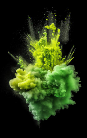 Generative AI : Closeup dust of metallic pigment sparkling with green and yellow colorの素材