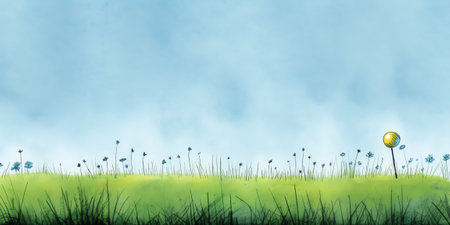 Generative AI : Wax crayon kids hand drawn grass hills with blue sky childs drawn white flowers set kids drawing spring and summer meadow Vector pastel chalk background bannerの素材