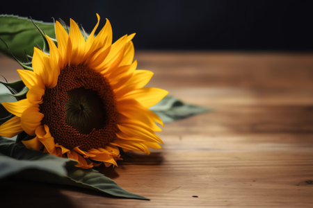 Generative AI : One yellow bright sunflower on an old painted blue wooden background with copy space flat lay top view Floral summer backgroundの素材
