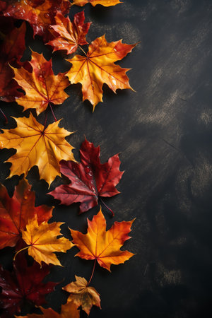 Generative AI : yellow wet autumn leaves on the background a dark old woodの素材