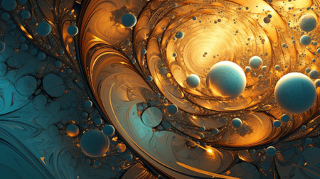 Generative AI : Horizontal background asset of galactic painting with golden circular bubble and globes of swirling blue and orange in abstract paintingの素材