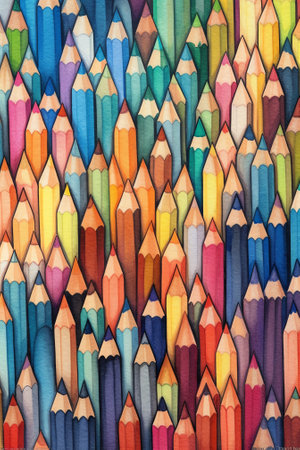 Generative AI : Colorful pencils on a colored master plan of a residenceの素材