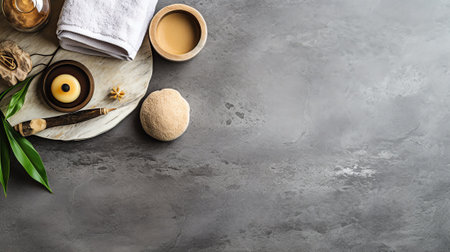 Generative AI : Linen kitchen brawn towel napkin on old black ceramic cement concrete table background Cooking stone backdrop Top view with copy space Flat layの素材