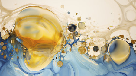 Generative AI : Abstract sea of acrylic blue paint with easter egg spheres of orange and blue in blobs of gold in horizontal background assetの素材