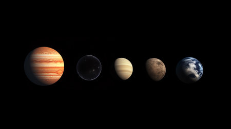 Generative AI : All of the planets that make up the solar system with the sun and prominent moons includedの素材