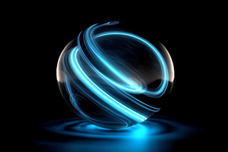 Generative AI : Blur glow background Galaxy portal Moonlight radiance Defocused neon blue color lunar light sphere in ridged swirl texture tunnel on dark blackの素材