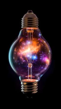 Generative AI : Burning candle in the light bulb with bulb isolated on black background Light bulb with world inside and Mars Elements of this image furnished by NASAの素材