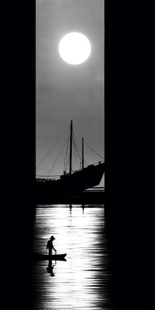 Generative AI : Bright and beautiful dramatic super moon over the ocean with small boat and reflection of bright light in black and white Image use for imply loneliness mood backgrの素材