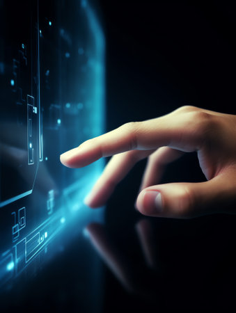 Generative AI : Finger touch interface involving very modern futuristic technology and designwith innovative humanitycreating and developing technology of modern world Elements ofの素材