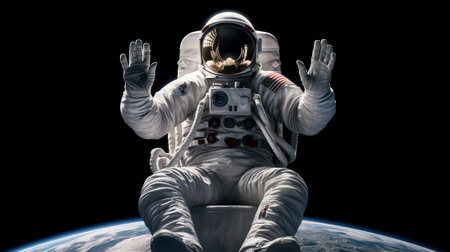 Generative AI : Astronaut sits on his knee on the lunar surface and pours blue earths soil through his fingers Planet Earth rise at the horizon Elements of this image furnished byの素材
