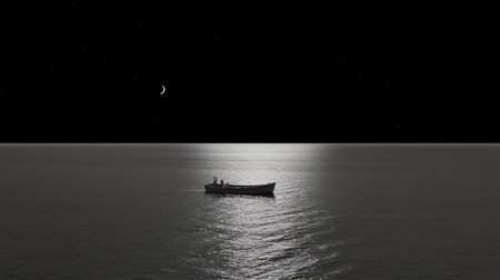 Generative AI : Bright and beautiful dramatic super moon over the ocean with small boat and reflection of bright light in black and white Image use for imply loneliness mood backgrの素材