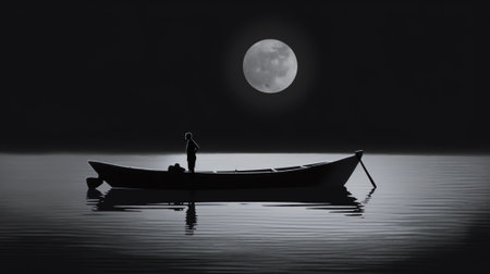 Generative AI : Bright and beautiful dramatic super moon over the ocean with small boat and reflection of bright light in black and white Image use for imply loneliness mood backgrの素材