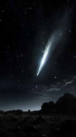 Generative AI : Amazing mysterious image rising crescent moon falling comets or shooting stars in dark blue sky with clouds Comet is icy small Solar System body Elements of this imの素材