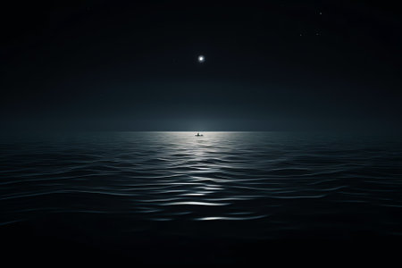 Generative AI : Bright and beautiful dramatic super moon over the ocean with small boat and reflection of bright light in black and white Image use for imply loneliness mood backgrの素材