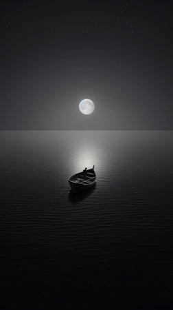 Generative AI : Boat drifting away in middle ocean after storm without course moonlight sky night skyline clouds background Nature landscape screen saver Life hope concept Elementsの素材