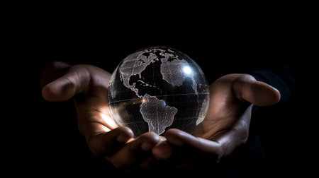 Generative AI : Earth at night was holding in human hands Earth day Energy saving concept Elements of this image furnished by NASAの素材