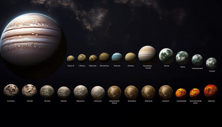 Generative AI : All of the planets that make up the solar system with the sun and prominent moons includedの素材