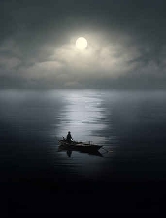 Generative AI : Bright and beautiful dramatic super moon over the ocean with small boat and reflection of bright light in black and white Image use for imply loneliness mood backgrの素材