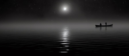 Generative AI : Bright and beautiful dramatic super moon over the ocean with small boat and reflection of bright light in black and white Image use for imply loneliness mood backgrの素材