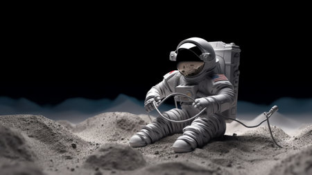 Generative AI : Astronaut sits on his knee on the lunar surface and pours blue earths soil through his fingers Planet Earth rise at the horizon Elements of this image furnished byの素材