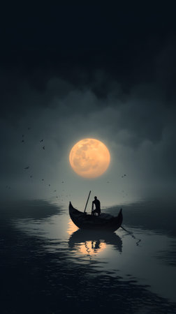 Generative AI : Bright and beautiful dramatic super moon over the ocean with small boat and reflection of bright light in black and white Image use for imply loneliness mood backgrの素材