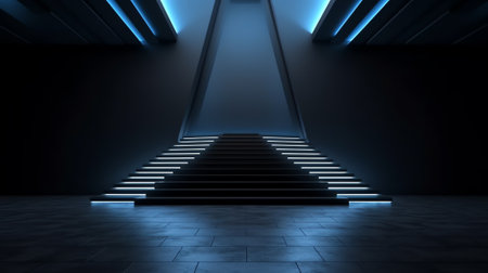 Generative AI : Dark abstract futuristic background Scene with stairs up Seabed large abstract aquarium sea waves Blue neon light concrete floor reflected in waterの素材