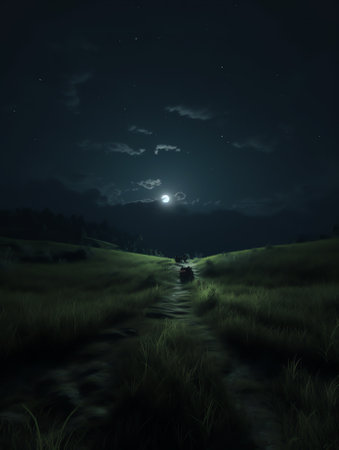Generative AI : Full moon over green meadow Elements of the moon image furnished by NASAの素材