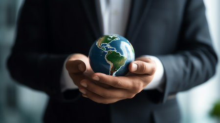 Generative AI : Cropped image of business woman in suit holding Earth globe in hands with office view on background Elements of this image are furnished by NASAの素材