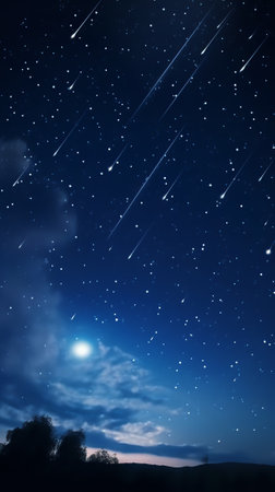 Generative AI : Amazing mysterious image rising crescent moon falling comets or shooting stars in dark blue sky with clouds Comet is icy small Solar System body Elements of this imの素材