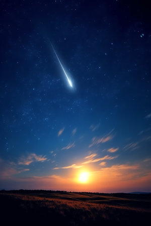 Generative AI : Amazing mysterious image rising crescent moon falling comets or shooting stars in dark blue sky with clouds Comet is icy small Solar System body Elements of this imの素材